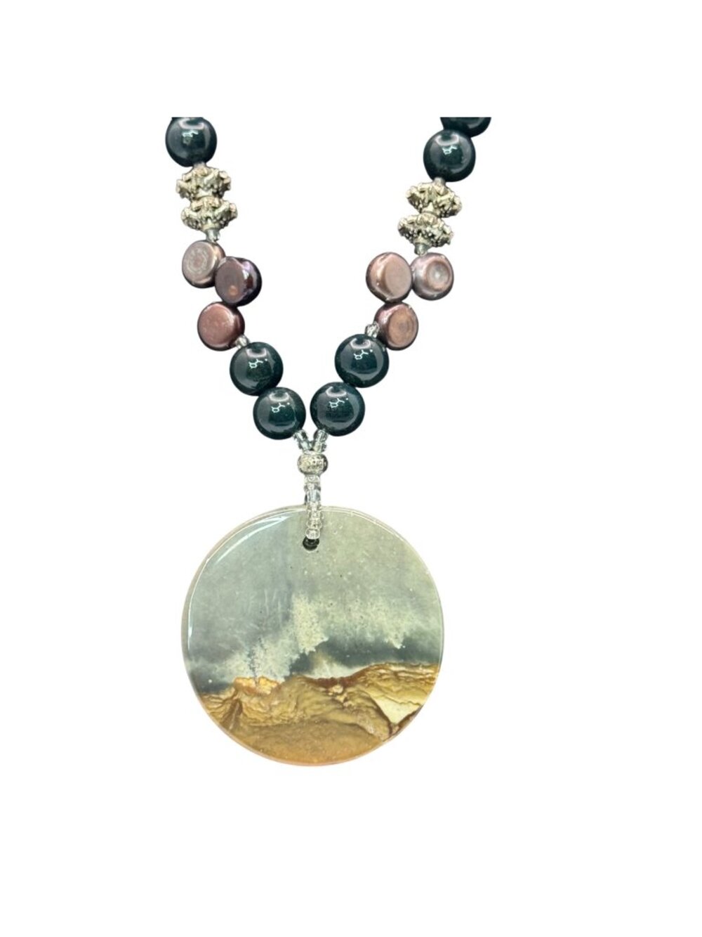 Natural Pearls Statement Picture Jasper Beaded Necklace Sterling Clasp 20" Vtg